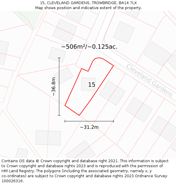 15, CLEVELAND GARDENS, TROWBRIDGE, BA14 7LX: Plot and title map