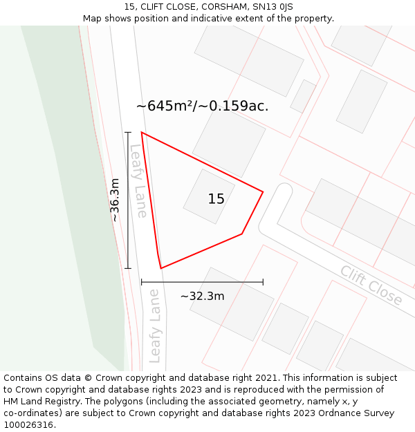 15, CLIFT CLOSE, CORSHAM, SN13 0JS: Plot and title map