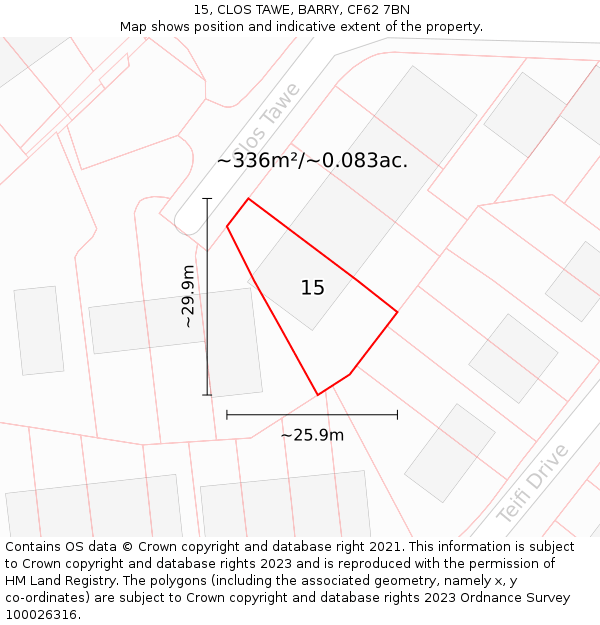 15, CLOS TAWE, BARRY, CF62 7BN: Plot and title map