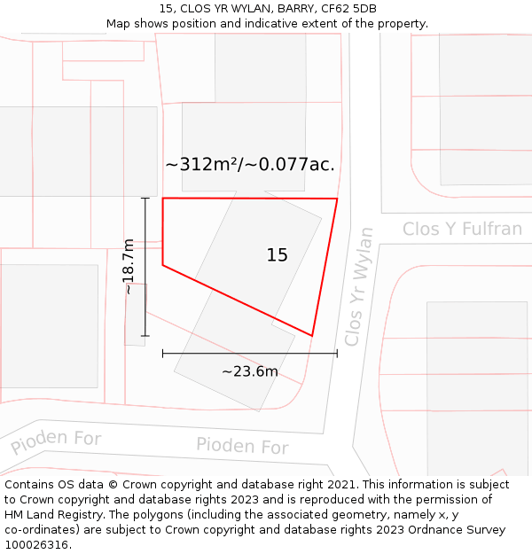 15, CLOS YR WYLAN, BARRY, CF62 5DB: Plot and title map