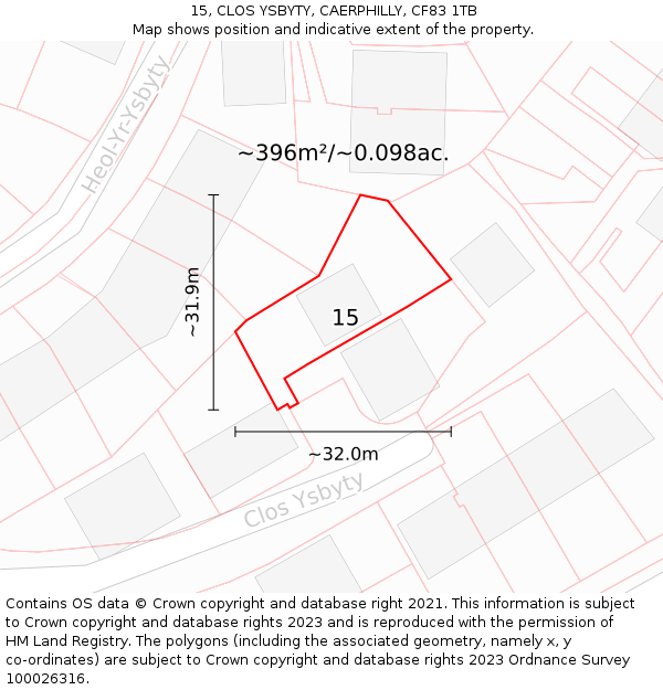 15, CLOS YSBYTY, CAERPHILLY, CF83 1TB: Plot and title map