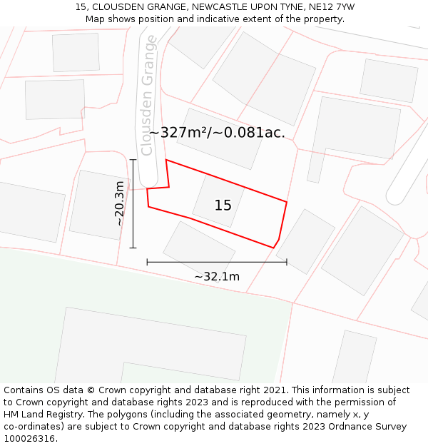 15, CLOUSDEN GRANGE, NEWCASTLE UPON TYNE, NE12 7YW: Plot and title map