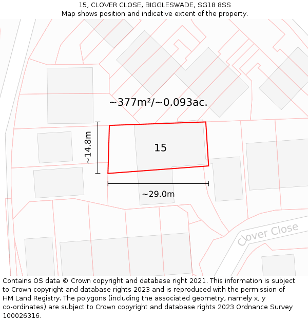 15, CLOVER CLOSE, BIGGLESWADE, SG18 8SS: Plot and title map