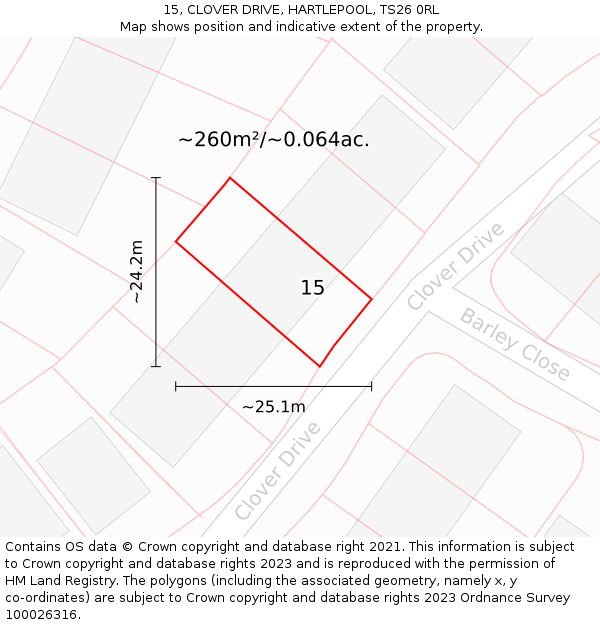 15, CLOVER DRIVE, HARTLEPOOL, TS26 0RL: Plot and title map