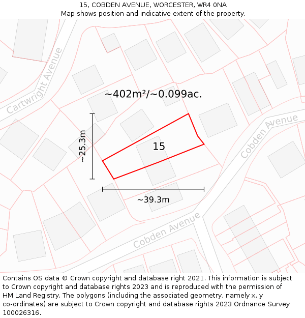 15, COBDEN AVENUE, WORCESTER, WR4 0NA: Plot and title map