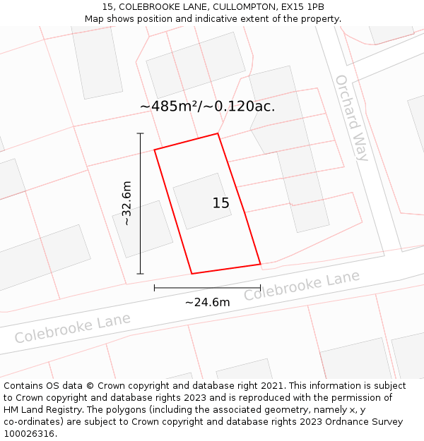 15, COLEBROOKE LANE, CULLOMPTON, EX15 1PB: Plot and title map