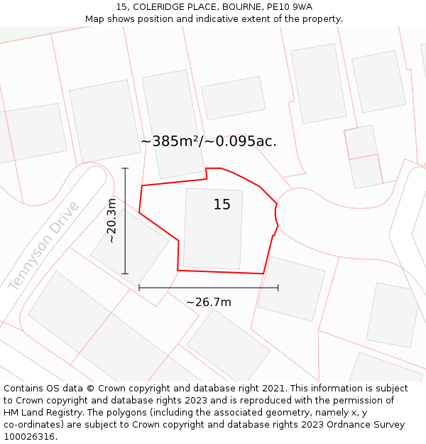 15, COLERIDGE PLACE, BOURNE, PE10 9WA: Plot and title map