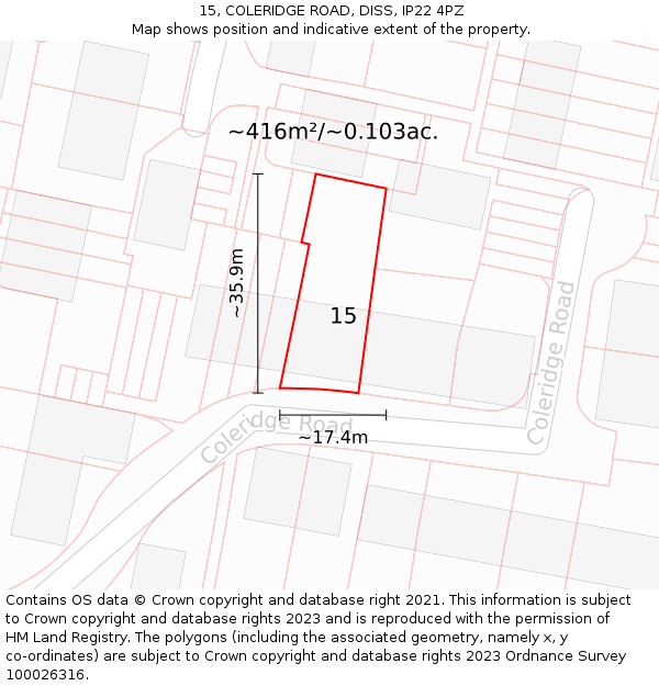 15, COLERIDGE ROAD, DISS, IP22 4PZ: Plot and title map