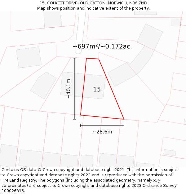 15, COLKETT DRIVE, OLD CATTON, NORWICH, NR6 7ND: Plot and title map