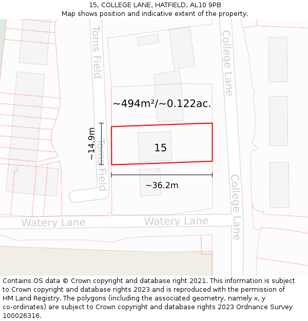 15, COLLEGE LANE, HATFIELD, AL10 9PB: Plot and title map