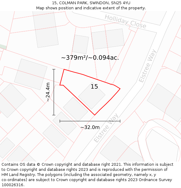 15, COLMAN PARK, SWINDON, SN25 4YU: Plot and title map