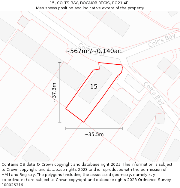 15, COLTS BAY, BOGNOR REGIS, PO21 4EH: Plot and title map