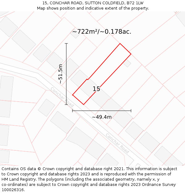 15, CONCHAR ROAD, SUTTON COLDFIELD, B72 1LW: Plot and title map