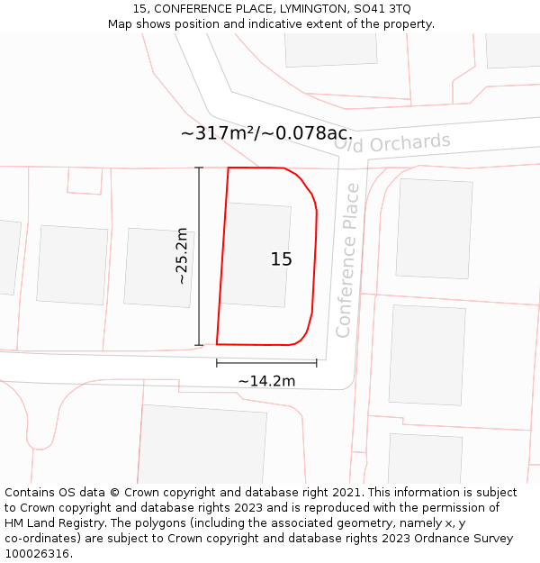 15, CONFERENCE PLACE, LYMINGTON, SO41 3TQ: Plot and title map