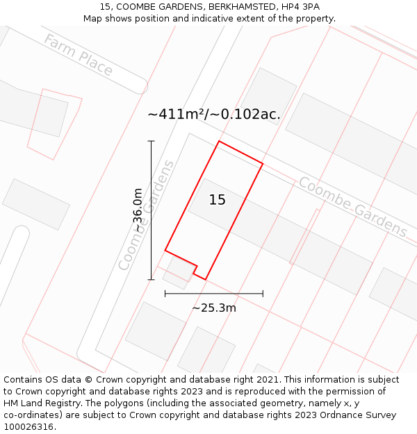 15, COOMBE GARDENS, BERKHAMSTED, HP4 3PA: Plot and title map