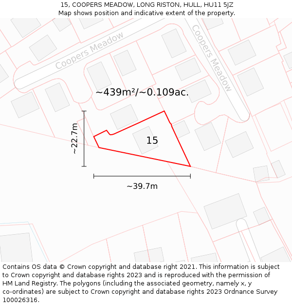 15, COOPERS MEADOW, LONG RISTON, HULL, HU11 5JZ: Plot and title map