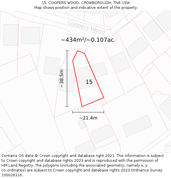 15, COOPERS WOOD, CROWBOROUGH, TN6 1SW: Plot and title map