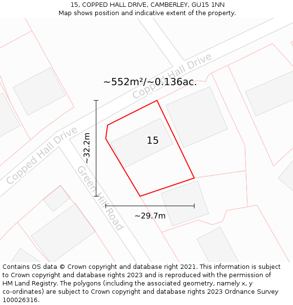 15, COPPED HALL DRIVE, CAMBERLEY, GU15 1NN: Plot and title map