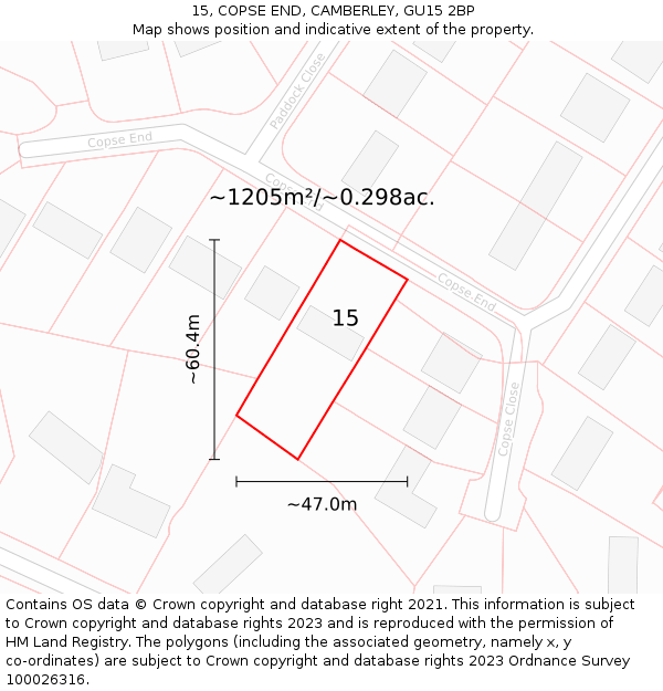 15, COPSE END, CAMBERLEY, GU15 2BP: Plot and title map