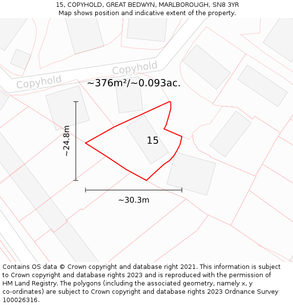 15, COPYHOLD, GREAT BEDWYN, MARLBOROUGH, SN8 3YR: Plot and title map