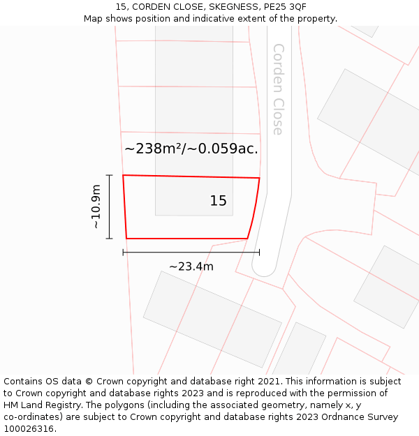 15, CORDEN CLOSE, SKEGNESS, PE25 3QF: Plot and title map