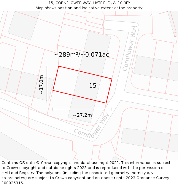 15, CORNFLOWER WAY, HATFIELD, AL10 9FY: Plot and title map