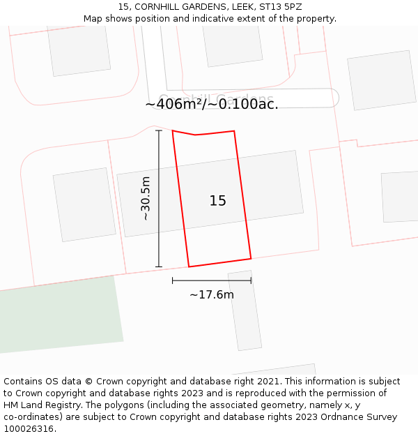 15, CORNHILL GARDENS, LEEK, ST13 5PZ: Plot and title map