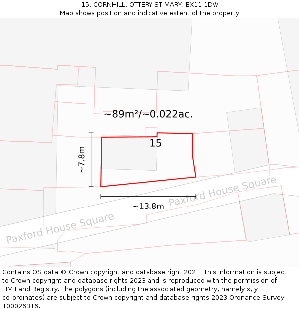 15, CORNHILL, OTTERY ST MARY, EX11 1DW: Plot and title map