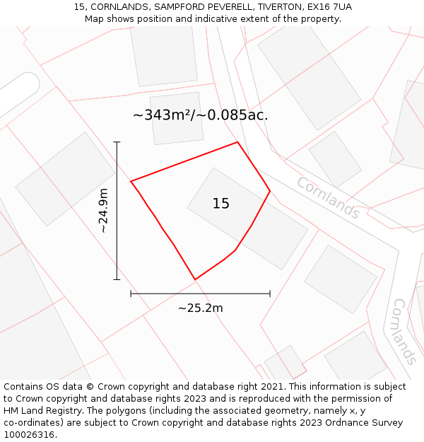 15, CORNLANDS, SAMPFORD PEVERELL, TIVERTON, EX16 7UA: Plot and title map