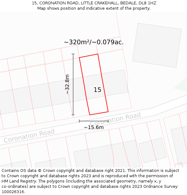 15, CORONATION ROAD, LITTLE CRAKEHALL, BEDALE, DL8 1HZ: Plot and title map