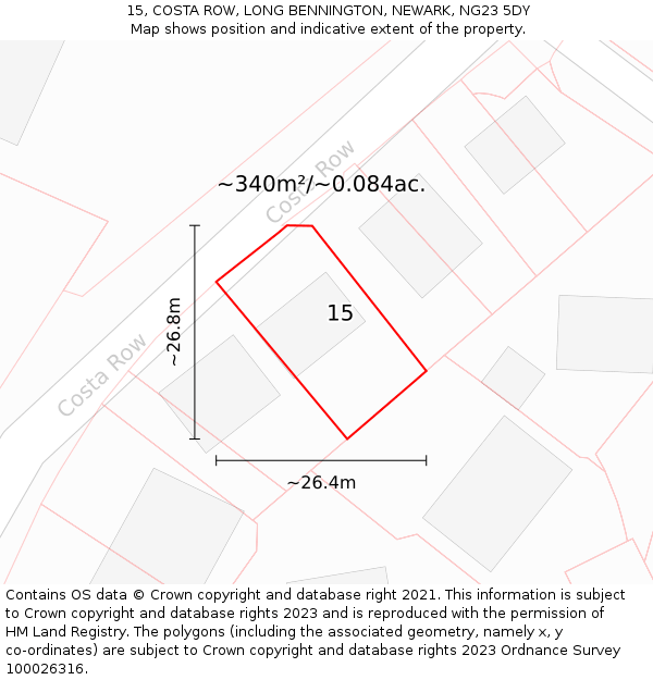 15, COSTA ROW, LONG BENNINGTON, NEWARK, NG23 5DY: Plot and title map