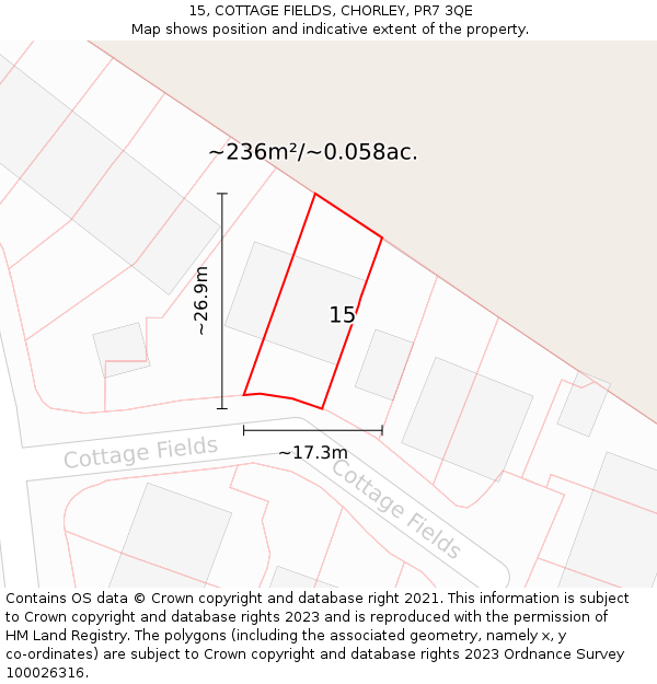 15, COTTAGE FIELDS, CHORLEY, PR7 3QE: Plot and title map