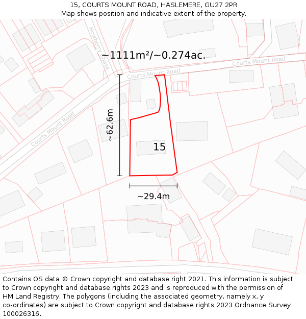 15, COURTS MOUNT ROAD, HASLEMERE, GU27 2PR: Plot and title map