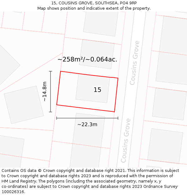 15, COUSINS GROVE, SOUTHSEA, PO4 9RP: Plot and title map