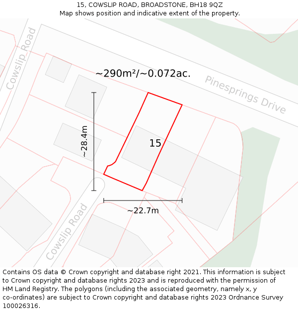 15, COWSLIP ROAD, BROADSTONE, BH18 9QZ: Plot and title map