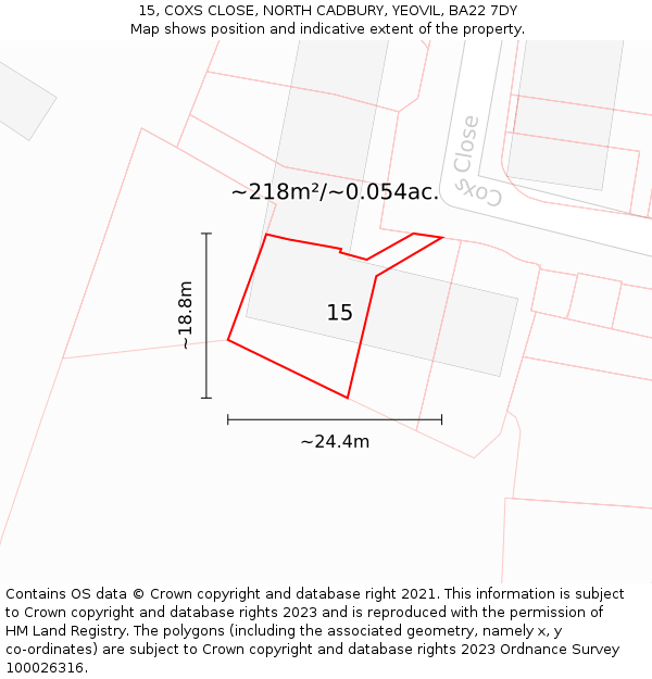 15, COXS CLOSE, NORTH CADBURY, YEOVIL, BA22 7DY: Plot and title map