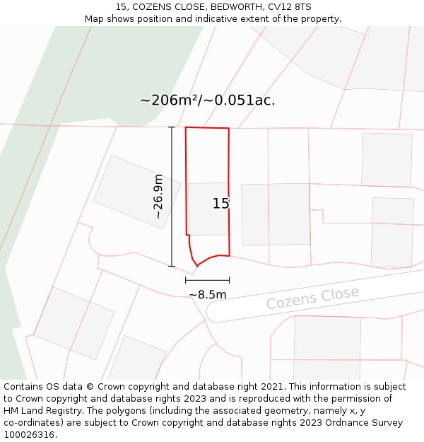 15, COZENS CLOSE, BEDWORTH, CV12 8TS: Plot and title map