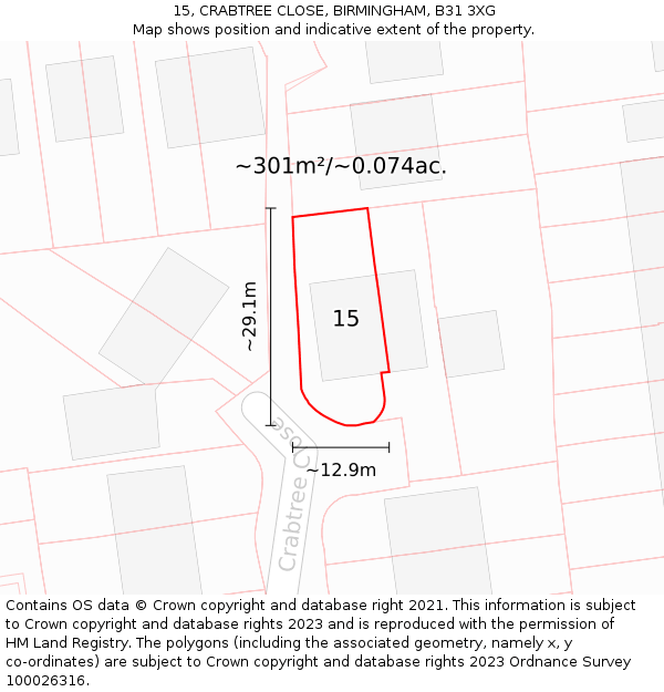 15, CRABTREE CLOSE, BIRMINGHAM, B31 3XG: Plot and title map