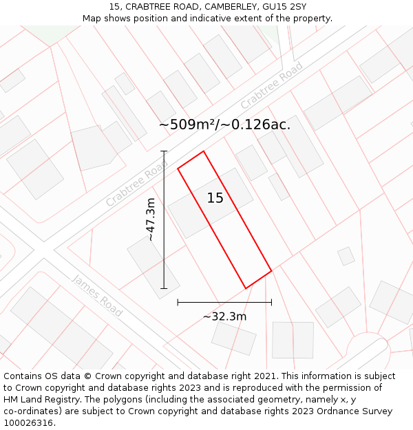 15, CRABTREE ROAD, CAMBERLEY, GU15 2SY: Plot and title map