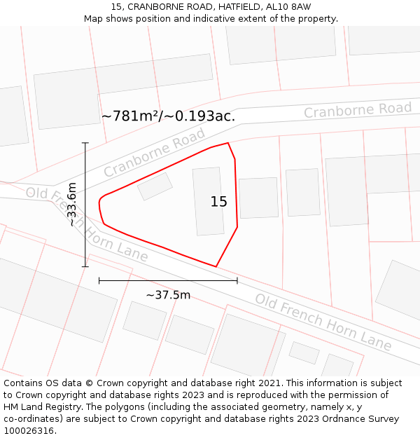 15, CRANBORNE ROAD, HATFIELD, AL10 8AW: Plot and title map