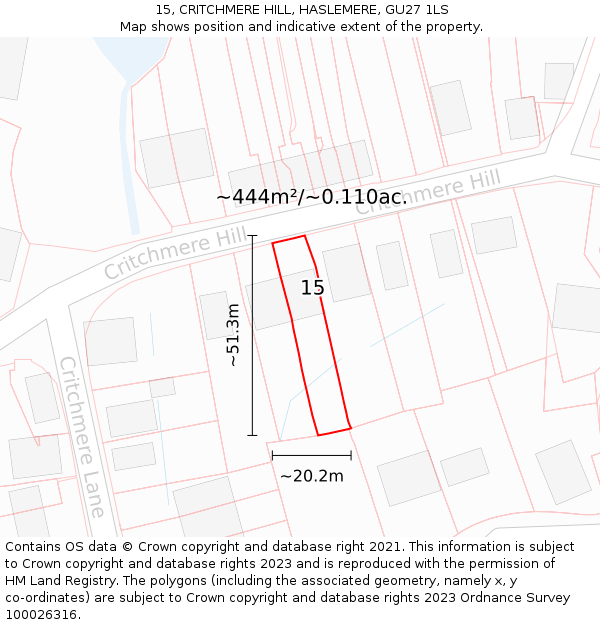 15, CRITCHMERE HILL, HASLEMERE, GU27 1LS: Plot and title map