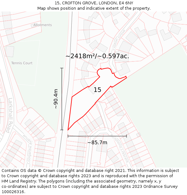 15, CROFTON GROVE, LONDON, E4 6NY: Plot and title map