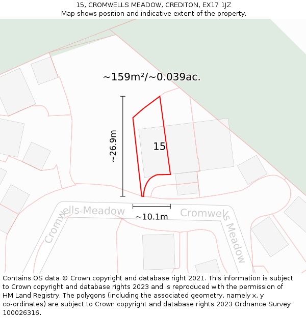 15, CROMWELLS MEADOW, CREDITON, EX17 1JZ: Plot and title map