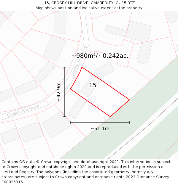 15, CROSBY HILL DRIVE, CAMBERLEY, GU15 3TZ: Plot and title map