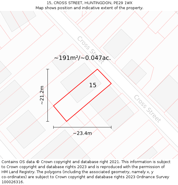 15, CROSS STREET, HUNTINGDON, PE29 1WX: Plot and title map