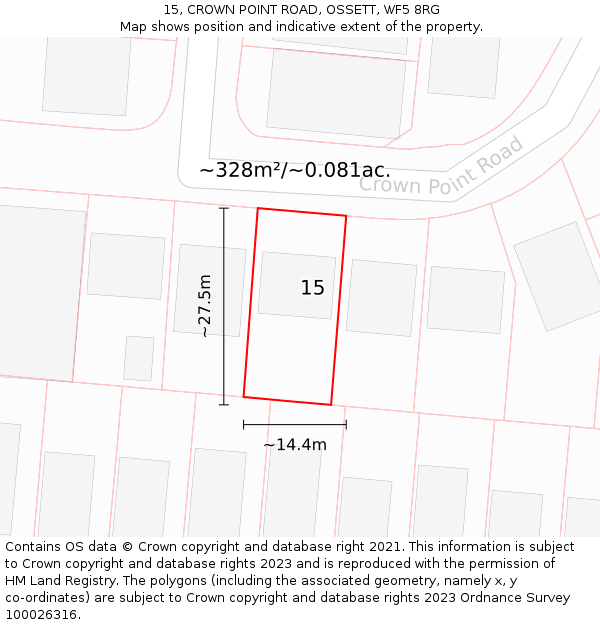 15, CROWN POINT ROAD, OSSETT, WF5 8RG: Plot and title map