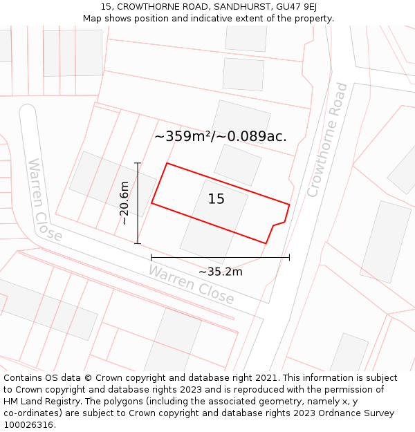 15, CROWTHORNE ROAD, SANDHURST, GU47 9EJ: Plot and title map