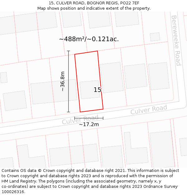 15, CULVER ROAD, BOGNOR REGIS, PO22 7EF: Plot and title map