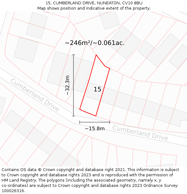 15, CUMBERLAND DRIVE, NUNEATON, CV10 8BU: Plot and title map