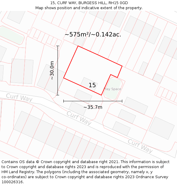 15, CURF WAY, BURGESS HILL, RH15 0GD: Plot and title map